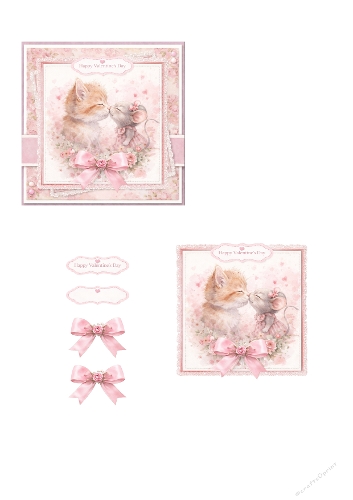 Cute Valentine Card Making Kit – Sweet Kitten and Mouse Love Illustration, Soft Pink Florals, Lace Frame and Romantic Bow