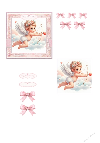 Valentine Card Making Kit – Adorable Cupid Baby Angel with Bow and Hearts, Soft Pink Romance, Lace Frame and Embellishments