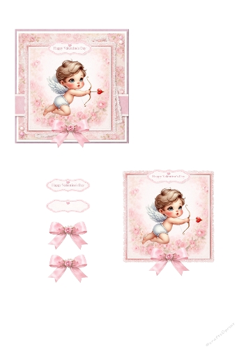 Valentine Card Making Kit – Sweet Baby Cupid Angel with Heart Arrow, Soft Pink Pastel Romance, Lace Frame and Satin Bow Elements