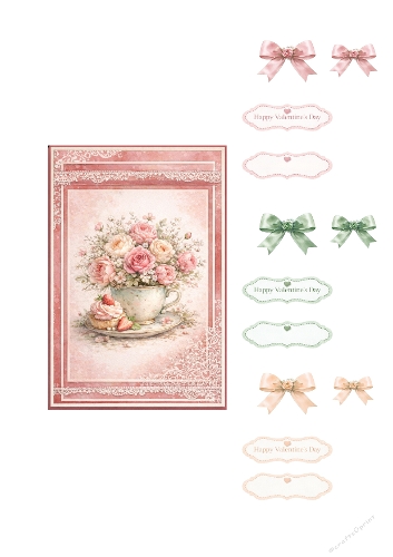 Romantic Floral Card Making Kit – Vintage Teacup Roses, Lace Frame, Elegant Bows & Valentine Sentiments Printable Set