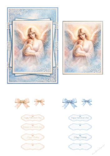 Mothers Day & Angel Card Making Kit – Tender Guardian Angel with Baby, Soft Blue Pastels, Lace Frames, Bows and Sentiment Toppers