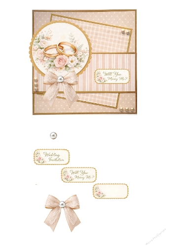 Elegant Wedding & Engagement Card Making Kit – Will You Marry Me Design, Gold Rings, Soft Florals, Lace Bow and Pearl Accents