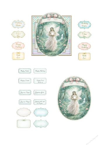 Enchanted Forest Fairy Card Making Kit – Green Woodland Fairy, Oval Floral Frames, Soft Pastel Labels and Fantasy Sentiments