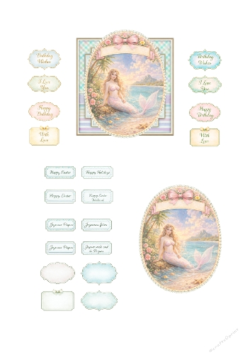 Pastel Mermaid Card Making Kit – Fantasy Sea Mermaid, Oval Floral Frames, Soft Ocean Colors and Elegant Sentiment Toppers