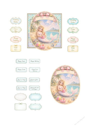 Cute Baby Mermaid Card Making Kit – Pastel Mermaid Beach Scene, Childrens Fantasy Card, Soft Ocean Colors and Sentiment Toppers