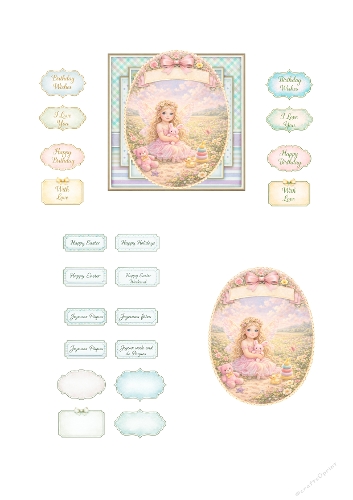 Cute Baby Fairy Card Making Kit – Pastel Fairy Meadow with Teddy Bear, Bunny and Toys, Kawaii Child Fantasy Illustration