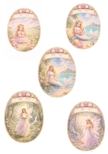 Pastel Fairy and Mermaid Oval Card Making Kit – Fantasy Fairy Princess, Mermaid and Woodland Fairy Illustrations
