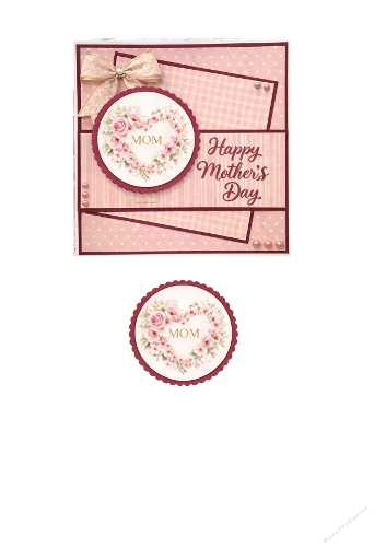 Mothers Day Pink Floral Card Making Kit – MOM Heart Floral Round Topper with Lace Bow and Vintage Background