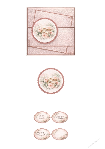 Romantic Wedding Card Making Kit – Vintage Lace Pink Background with Floral Wedding Rings Round Topper
