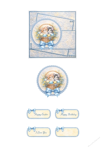 Cute Easter Kittens Card Making Kit – Vintage Blue Lace Background with Basket of Kittens Round Topper