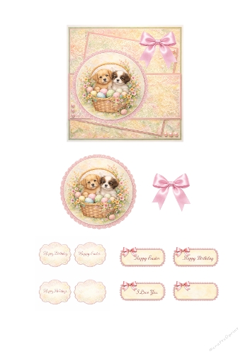 Cute Easter Puppies Card Making Kit – Pastel Pink Lace Background with Puppies in Easter Basket Round Topper