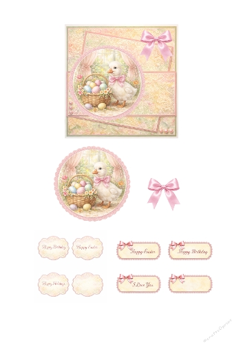 Cute Easter Duckling Card Making Kit – Pastel Pink Lace Background with Duck and Easter Egg Basket Topper