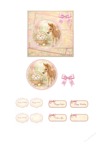 Cute Easter Foal Card Making Kit – Pastel Pink Lace Background with Baby Horse and Easter Egg Basket Topper
