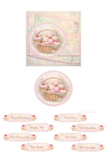 Sweet Cupcake Basket Card Making Kit – Pastel Bakery Topper with Vintage Lace Background