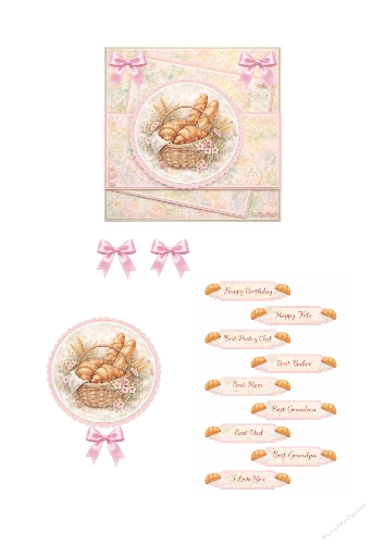 Sweet Cupcake Basket Card Making Kit – Pastel Bakery Topper with Vintage Lace Background