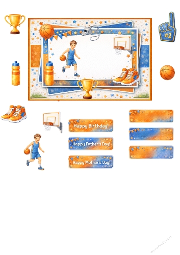 Kids Basketball Card Making Kit – Boys Basketball Birthday & Celebration Topper with Trophy, Ball and Champion Elements