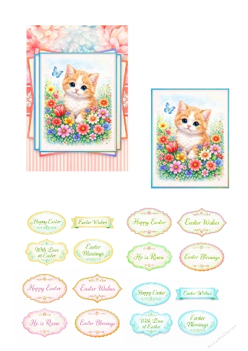 Cute Kitten Easter Card Making Kit – Adorable Floral Cat Illustration with Easter Sentiments