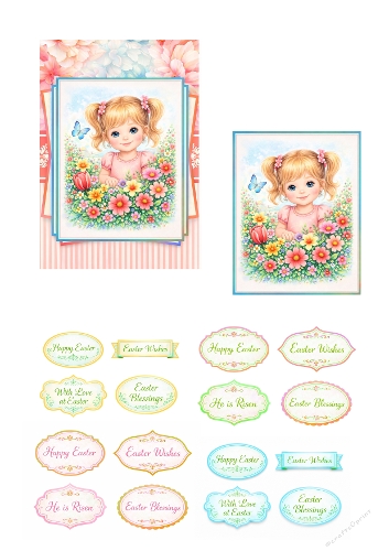 Cute Little Girl Easter Card Making Kit – Sweet Spring Girl Illustration with Floral Easter Sentiments