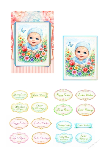 Cute Baby Easter Card Making Kit – Sweet Baby Boy Spring Illustration with Floral Easter Sentiments