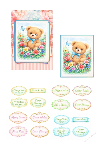 Cute Teddy Bear Easter Card Making Kit – Sweet Teddy Bear Spring Illustration with Floral Easter Sentiments