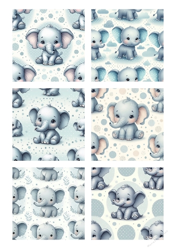 Cute Baby Elephant Backgrounds Set – 6 A4 JPEG Nursery Animal Papers