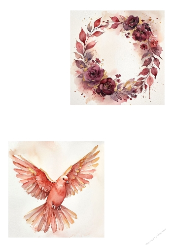 Watercolor Floral Wreath & Flying Bird Set – Elegant Red & Gold Art – A4 JPEG