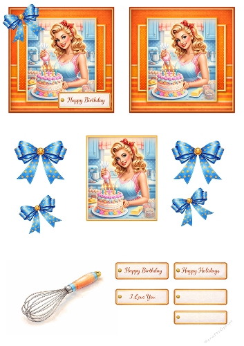 Vintage Baking Birthday Card Kit – Retro Kitchen Girl, Cake, Bows & Sentiments | Digital Card Making Kit