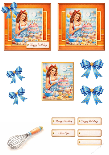 Vintage Birthday Baking Card Kit – Retro Baker Woman & Cake Scrapbook Elements
