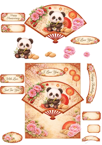 Cute Panda Oriental Fan Card Kit with Flowers and Sentiments