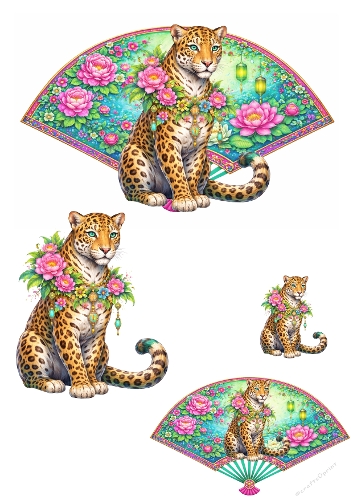 Elegant Leopard Card Topper Kit – Floral Oriental Fan Design with Pink Peonies