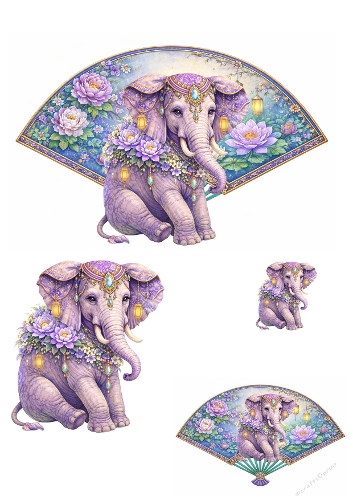 Elegant Purple Elephant Card Topper Kit – Oriental Floral Fan Design