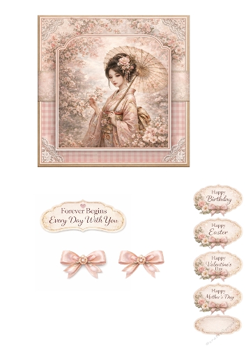 Romantic Vintage Kimono Lady Card Kit – Cherry Blossom Elegance Collection