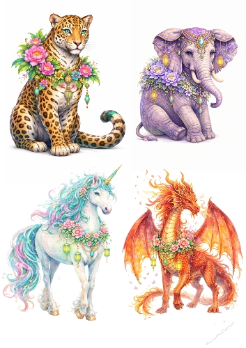 Fantasy Animal Clipart Kit – Leopard, Elephant, Unicorn & Dragon Floral Collection