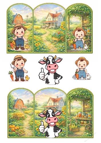 Cute Farm Kids 3D Card Kit – Country Garden Decoupage (2 Options Same Background)