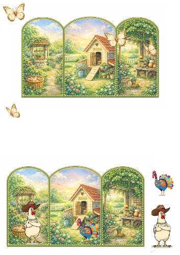 Country Farm Garden 3D Card Kit – Rustic Cottage & Rooster Scene