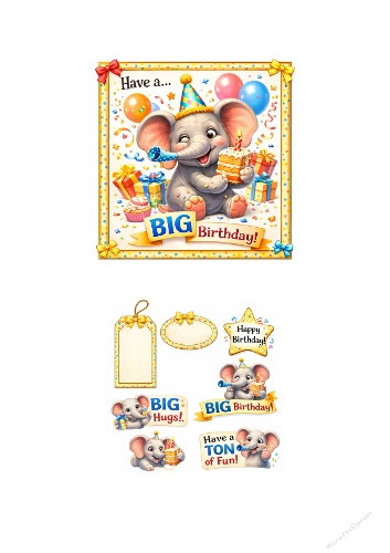 Big Birthday Elephant Card & Cute Party Clipart Set