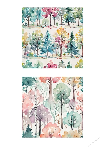 Watercolor Forest Trees Digital Paper Set – Pastel Woodland Seamless Backgrounds
