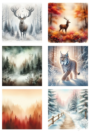 Majestic Forest Wildlife Digital Paper Set – Deer, Lynx & Winter Woodland Backgrounds