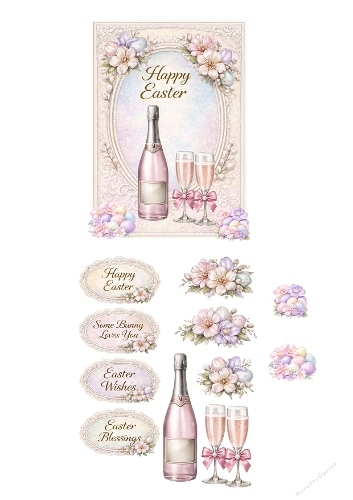 Elegant Easter Celebration Card Design – Champagne, Floral Frame & Pastel Eggs