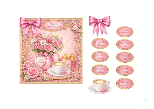 3D Mothers Day Card Printable – Vintage Pink Roses, Coffee Cup & Elegant Layered Elements