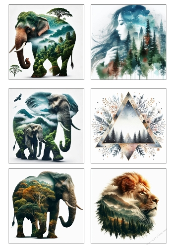 Wild Nature Double Exposure Watercolor Clipart Kit – Elephant, Lion & Forest Art Collection
