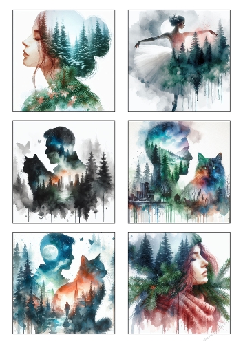 Dreamy Forest Double Exposure Watercolor Clipart Kit – Artistic Portrait & Nature Set