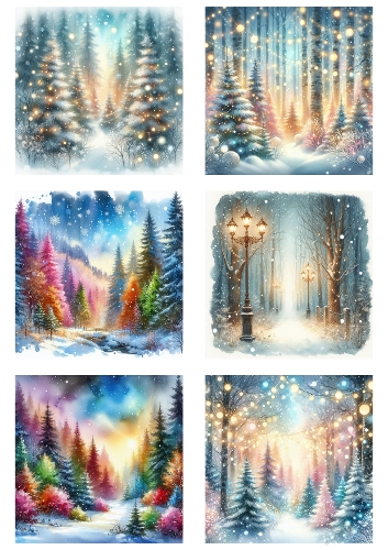 Magical Winter Forest Watercolor Clipart Kit – Snowy Lights & Enchanted Woodland Scenes