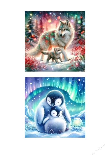 Winter Wildlife Watercolor Clipart Set – Wolf Family & Penguin Aurora Illustration