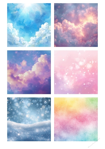 Kit of 6 Watercolor Dreamy Sky Backgrounds – Pastel Clouds & Soft Bokeh Textures