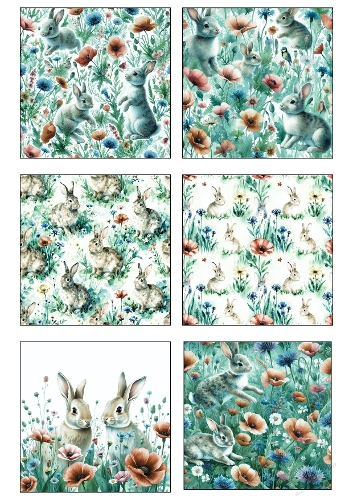 Kit of 6 Watercolor Bunny Floral Illustrations – Spring Rabbits & Wildflower Meadow Clipart Set