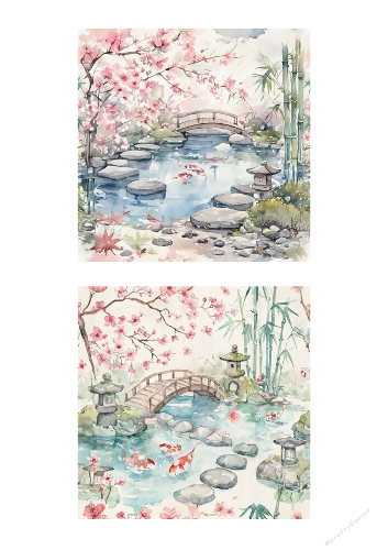 Set of 2 Watercolor Japanese Garden Illustrations – Cherry Blossom, Koi Pond & Bamboo Bridge Art