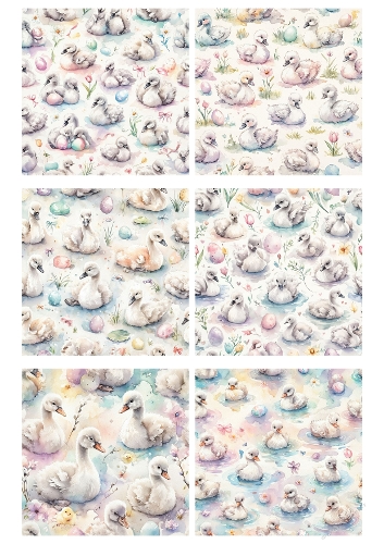 Set of 6 Watercolor Baby Swan Easter Patterns – Spring Pastel Seamless Background Collection