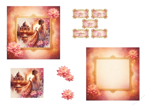 Royal Taj Mahal Watercolor Frame Bundle – Indian Princess, Lotus Flowers & Luxury Gold Borders – Romantic Printable Clipart Set