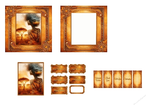 African Sunset Queen Watercolor Frame Bundle – Tribal Portrait, Luxury Gold Ornate Borders & Editable Greeting Cards
